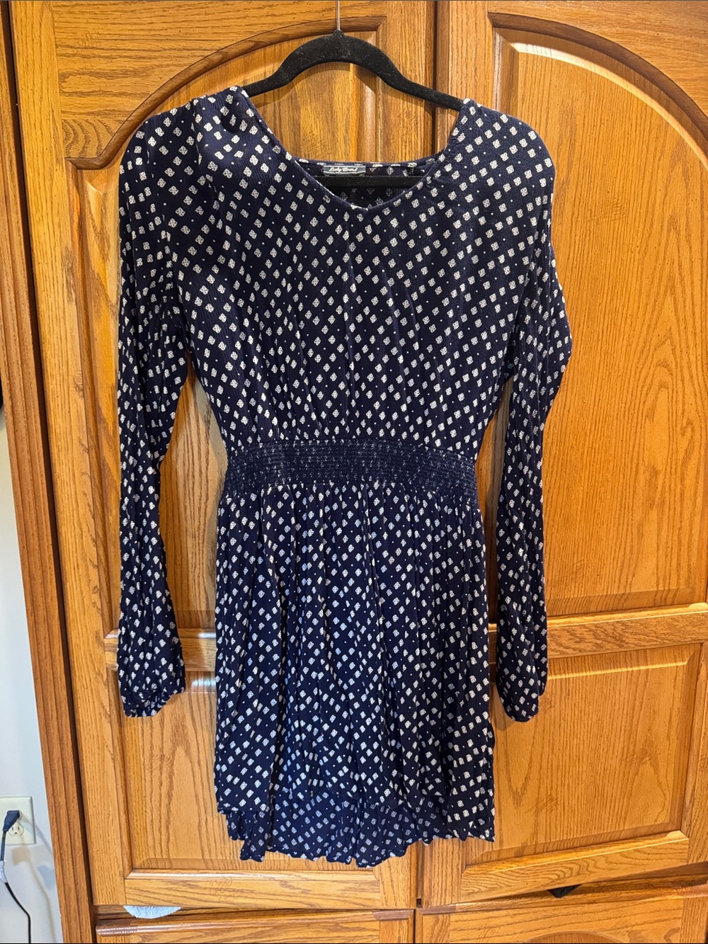 Lucky Brand Navy Blue and White Printed Long-Sleeve Dress